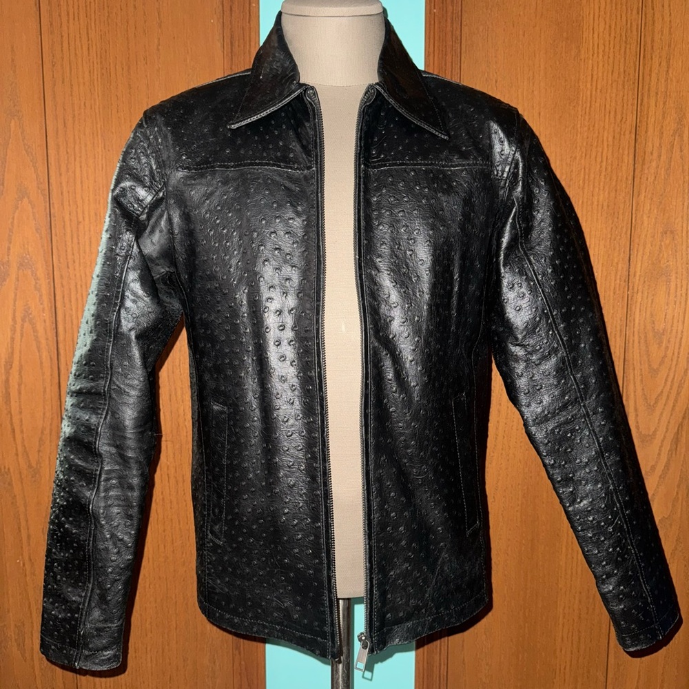 Men's Black Ostrich Print Leather Jacket